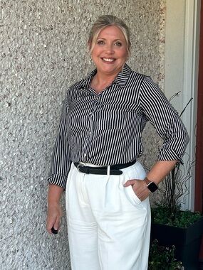 Black and white striped button up blouse